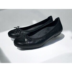 Vionic Women's Minna Ballet Flat Black Leather Slip On Cap Toe Bow Size 8